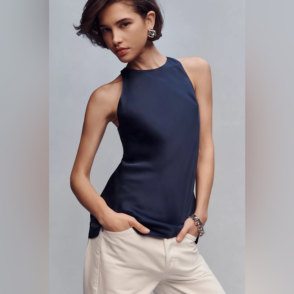 Reformation Saskia Silk Top in Navy